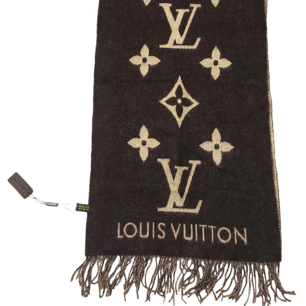 SOLD OUT LOUIS VUITTON Reykjavik Dark Brown & Tan Reversible Scarf Shawl VWT - Picture 2 of 14